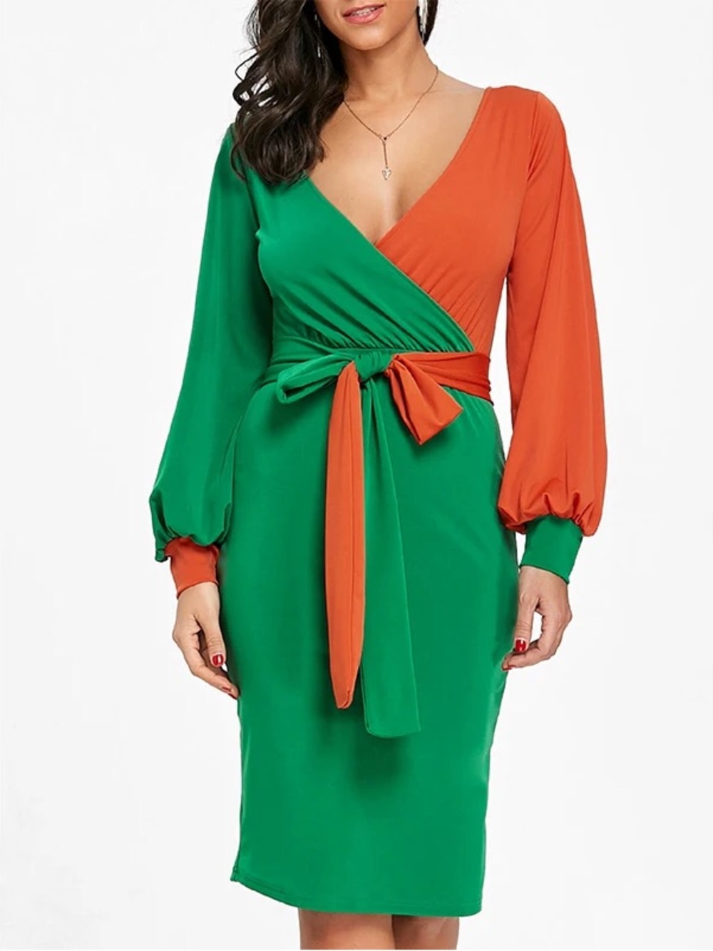 Two-Tone Green & Orange Wrap Midi Dress with Tie Waist